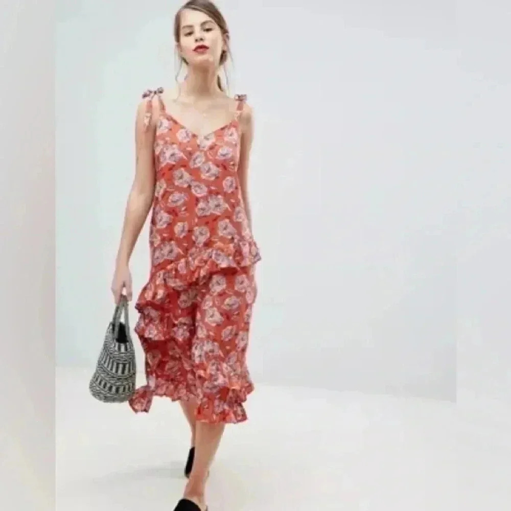 Vila Red Chic Coral Floral Ruffle Midi Dress Size 34 EU 4 US Small S